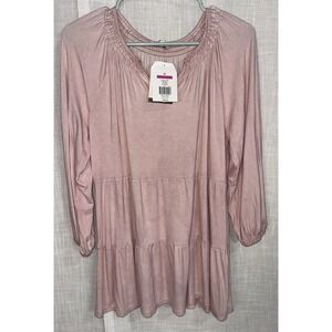 NWT WONDERLY Women's M Medium Pink Rose Ruffle Boho Tunic Top Long Shirt